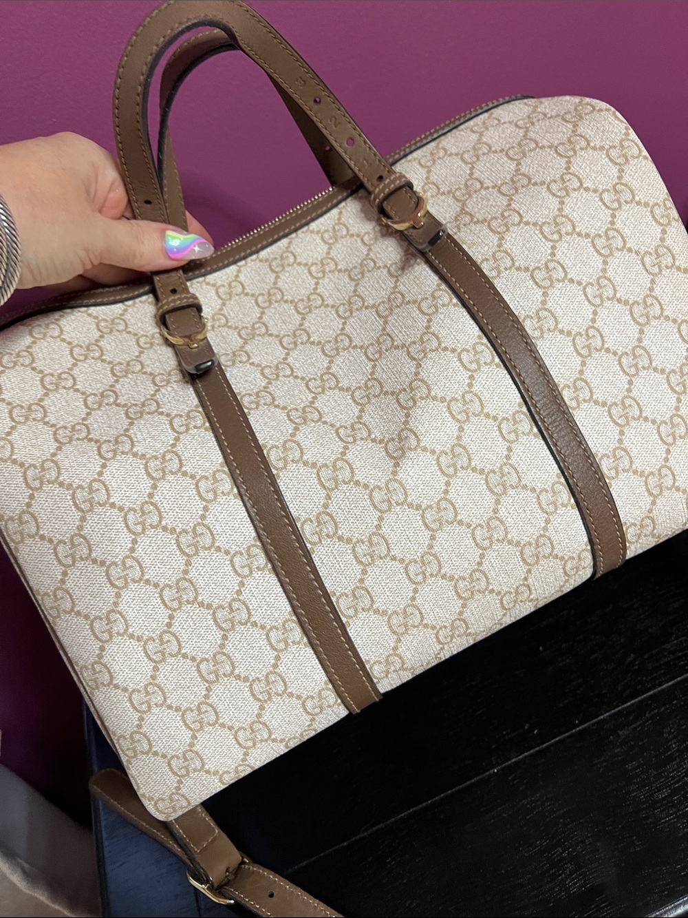 Rare !! Gucci Beige GG supreme canvas boston bag with Brown Leather Trim - Picture 8 of 16